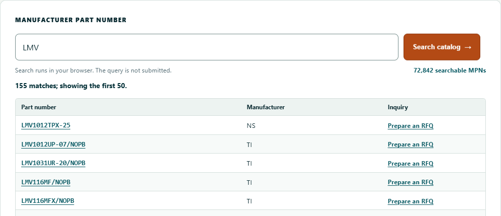 VEQORIN part search example showing complete part numbers for an LMV query